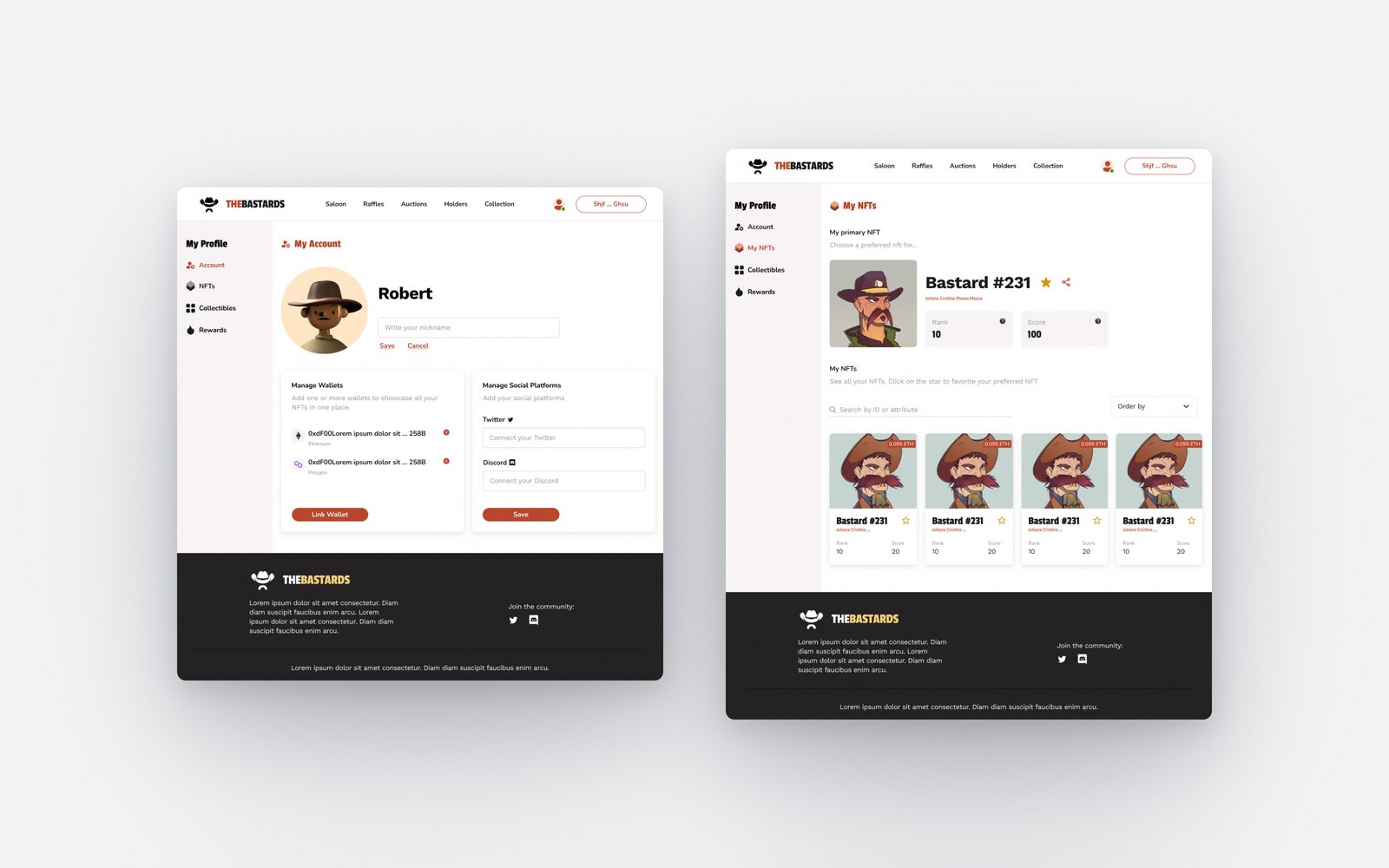 Telas do marketplace: minha conta e meus NFTs